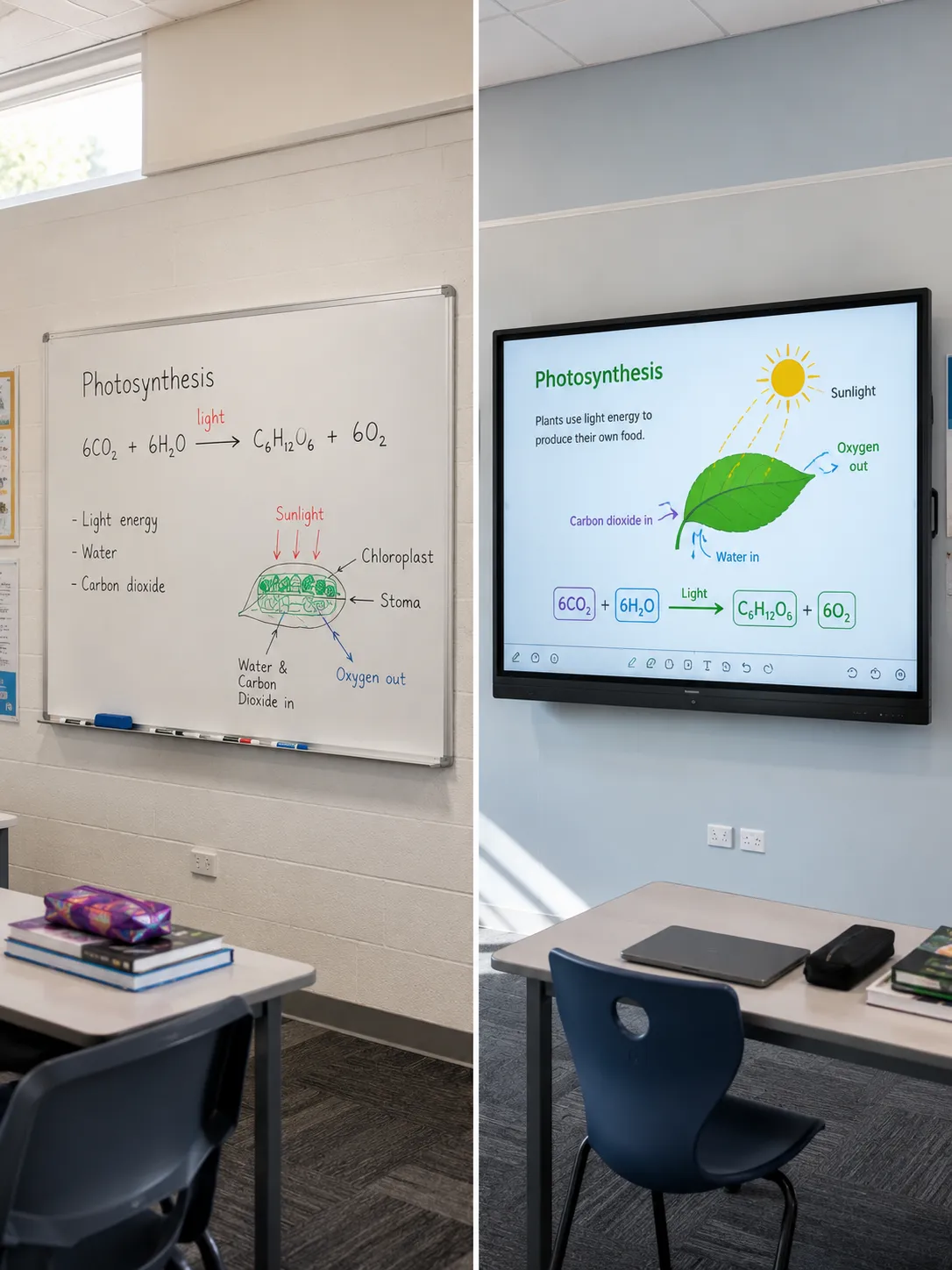 Traditional classroom whiteboard versus modern interactive flat panel display comparison