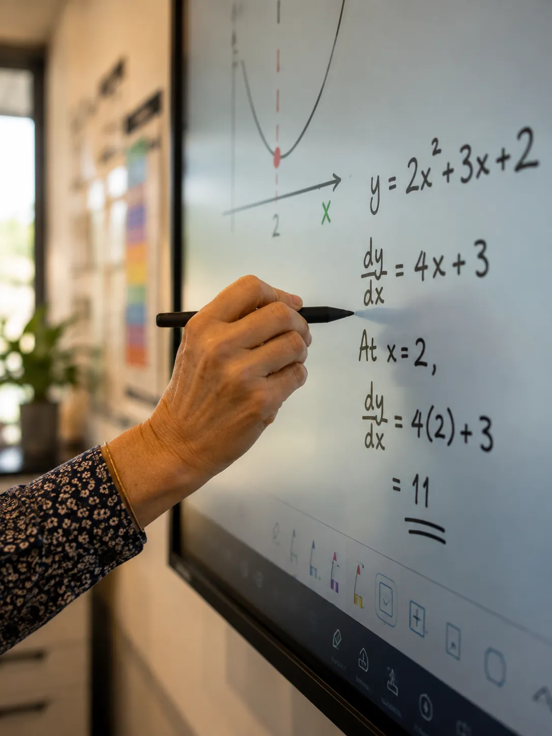 Teacher's hand writing on an interactive flat panel display with a stylus pen showing the writing feel in a classroom