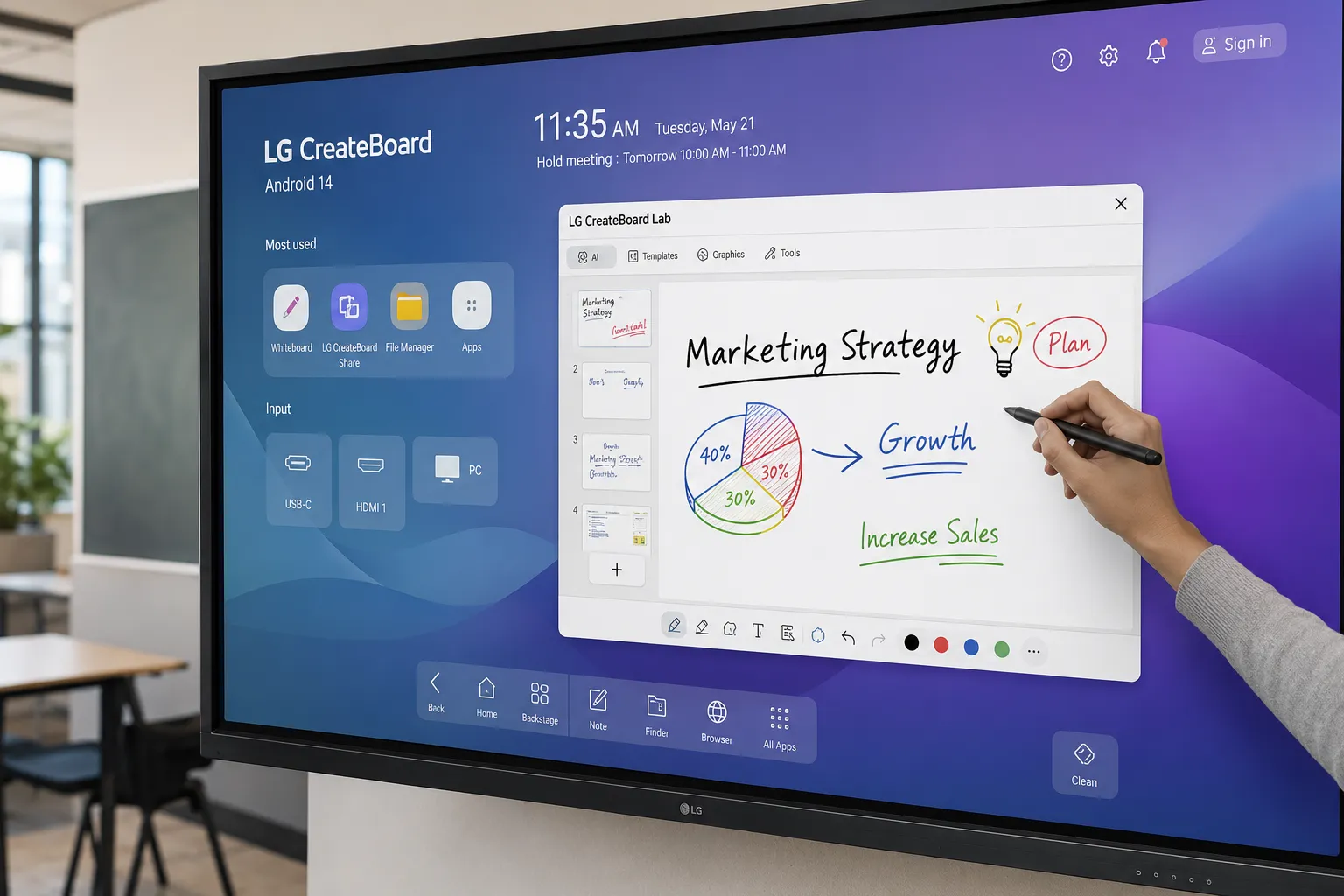 LG CreateBoard TR3DQ-B showing Android 14 interface with CreateBoard Lab annotation tools