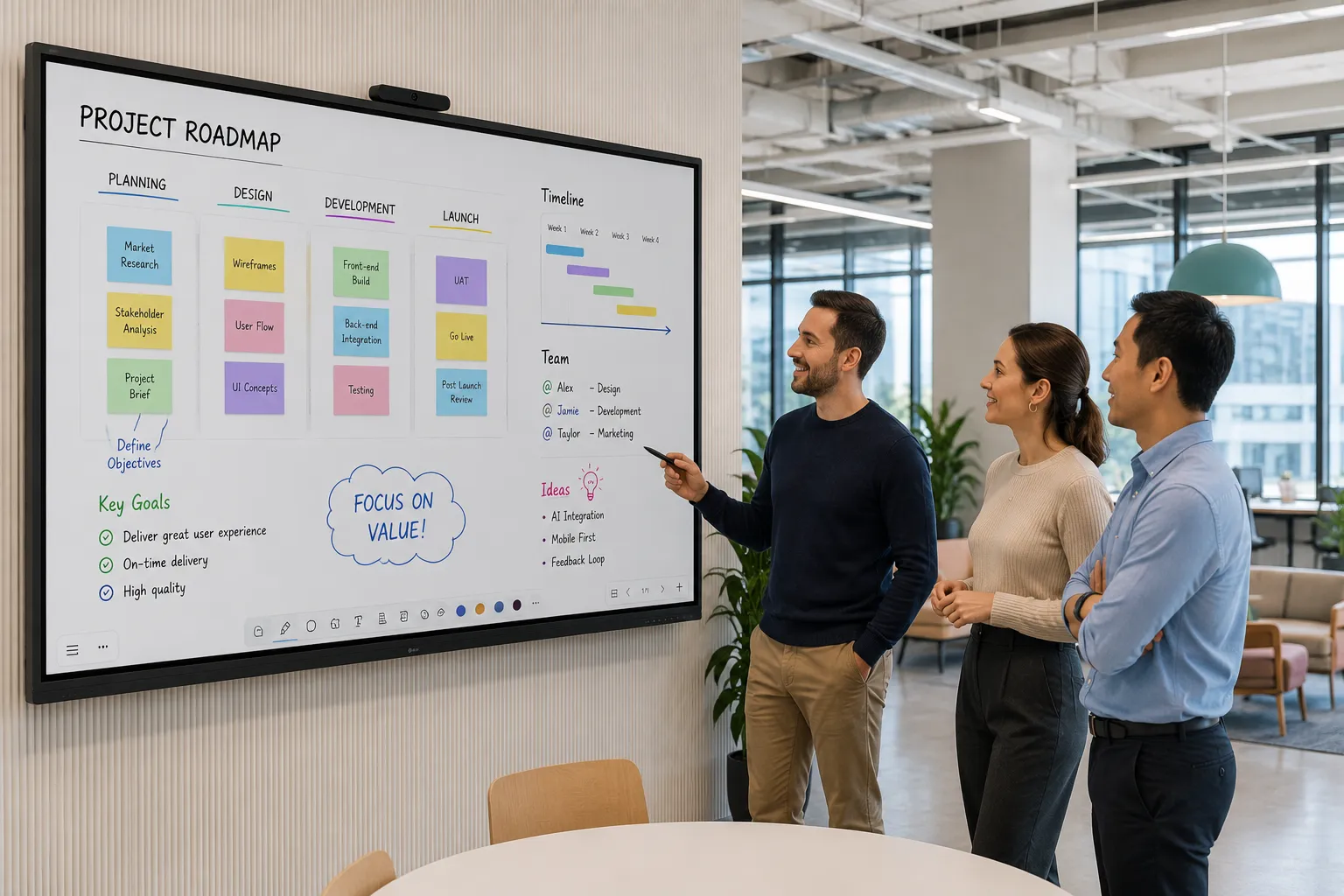 LG CreateBoard TR3DQ-B in a modern open-plan office collaboration space with team reviewing project content
