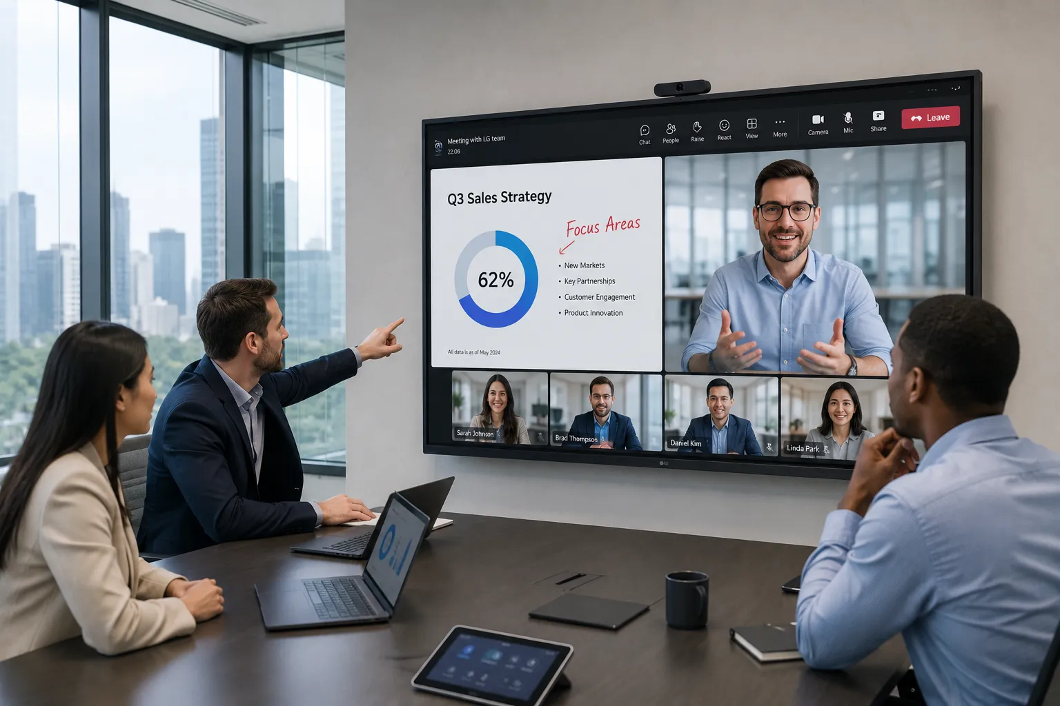 LG CreateBoard interactive whiteboard in use during a corporate video conference in a business meeting room