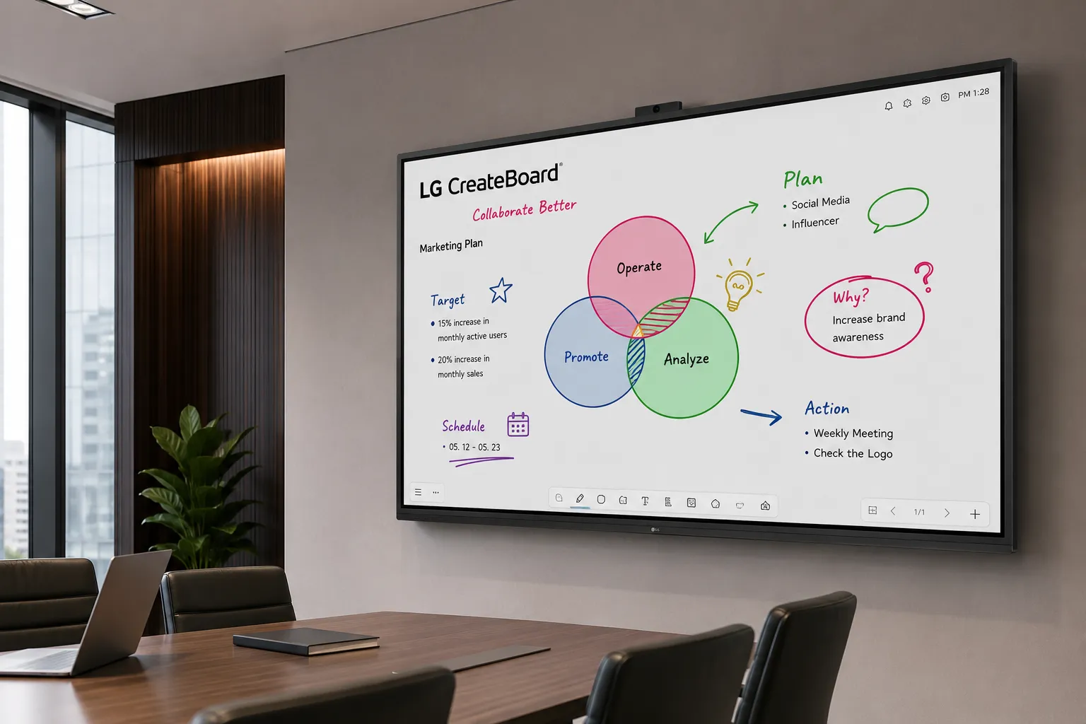 LG CreateBoard TR3DQ-B interactive whiteboard mounted in a corporate meeting room