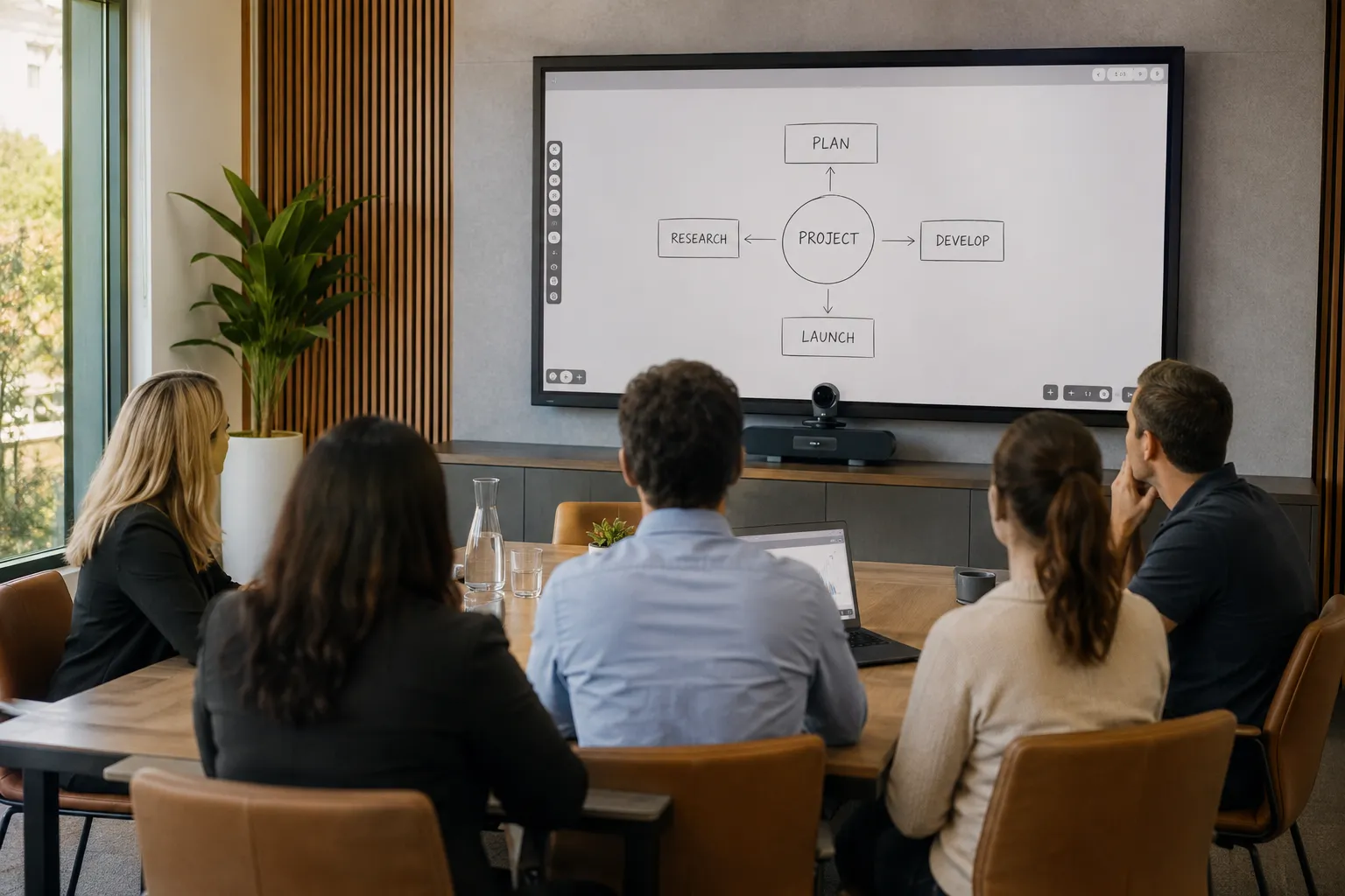Small business team in a boardroom meeting with an interactive whiteboard display on the wall