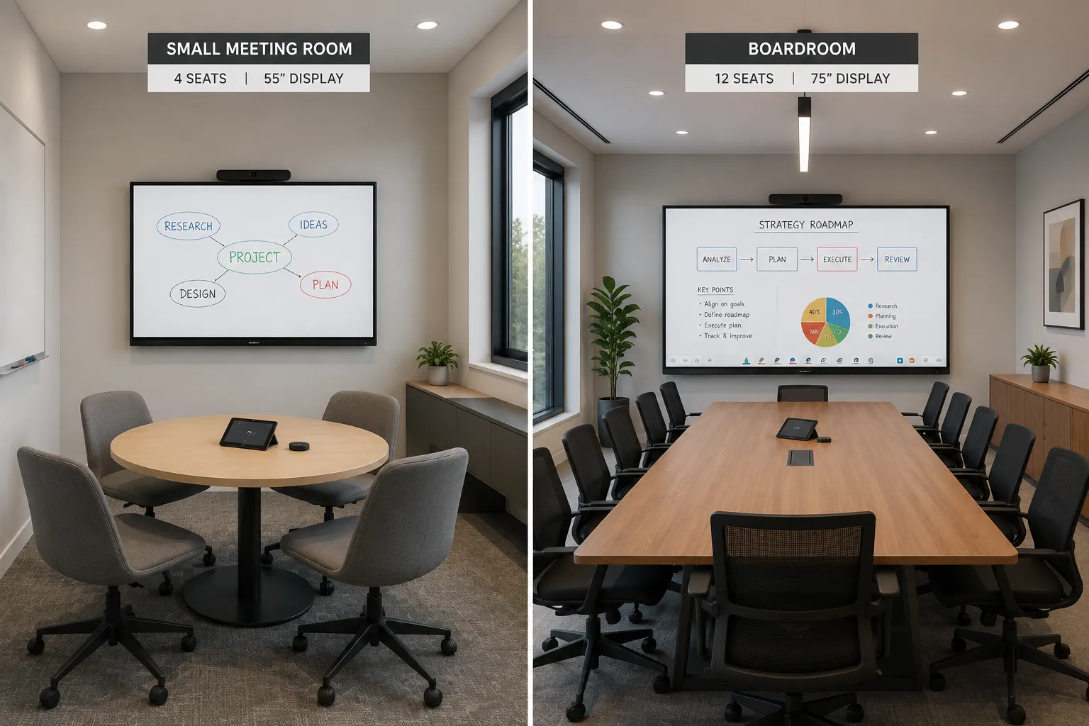 Comparison of a small huddle room and a large boardroom showing different interactive display sizes