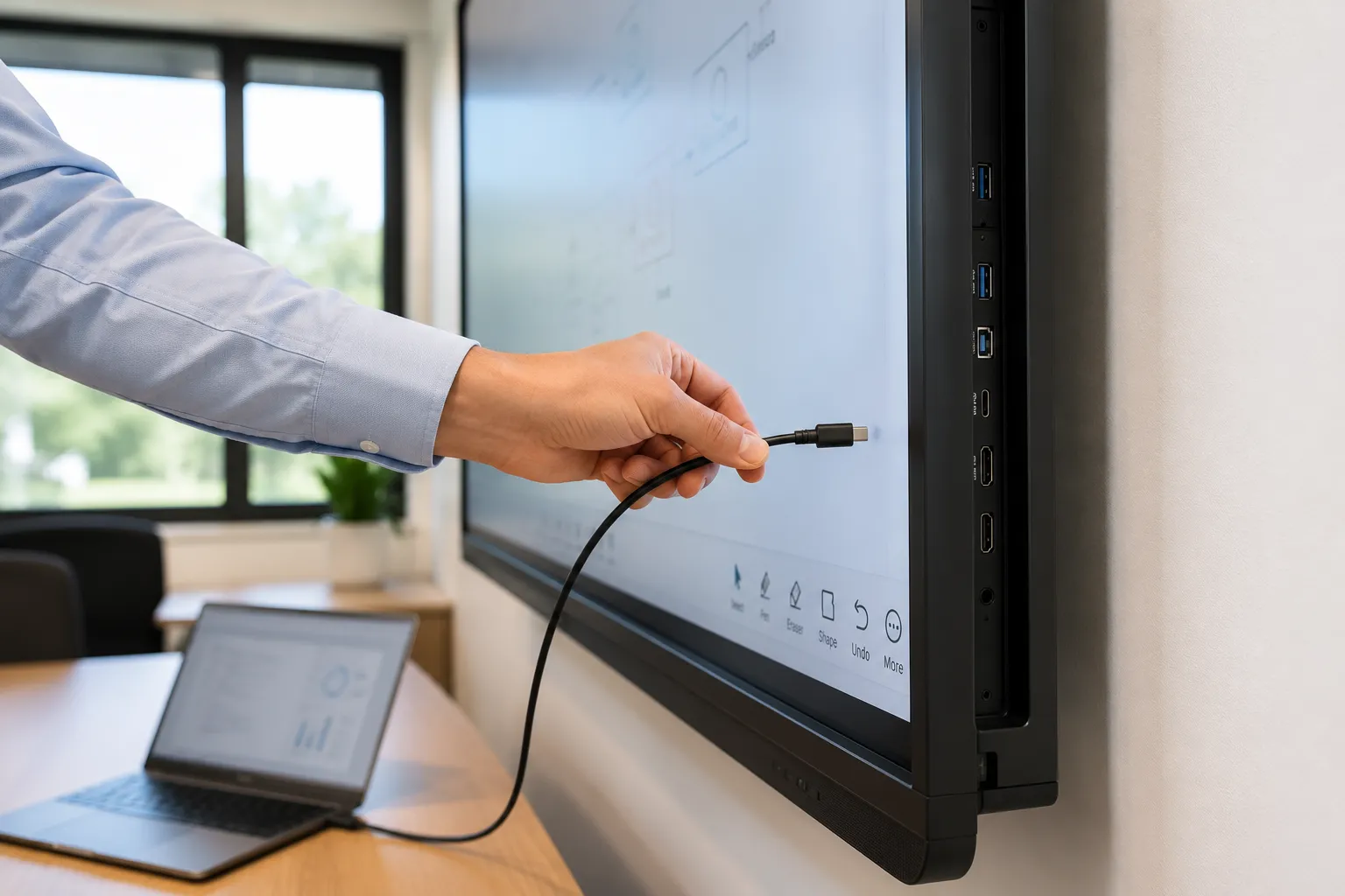 USB-C cable connecting a laptop to an interactive whiteboard display in a meeting room