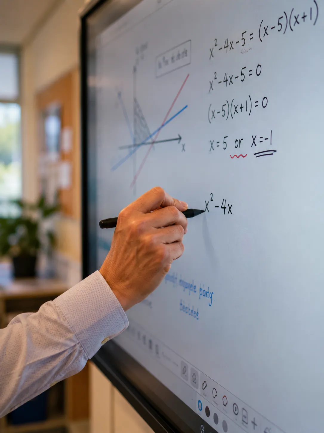 Teacher writing on Promethean ActivPanel interactive display with stylus showing ActivInspire software in classroom
