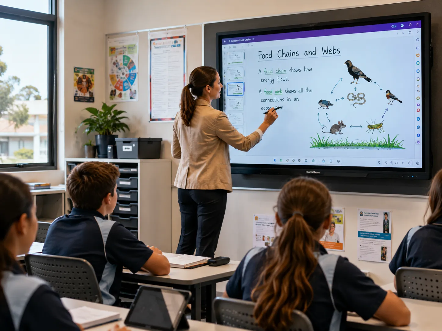 Promethean ActivPanel interactive display in an Australian school classroom with teacher writing on screen