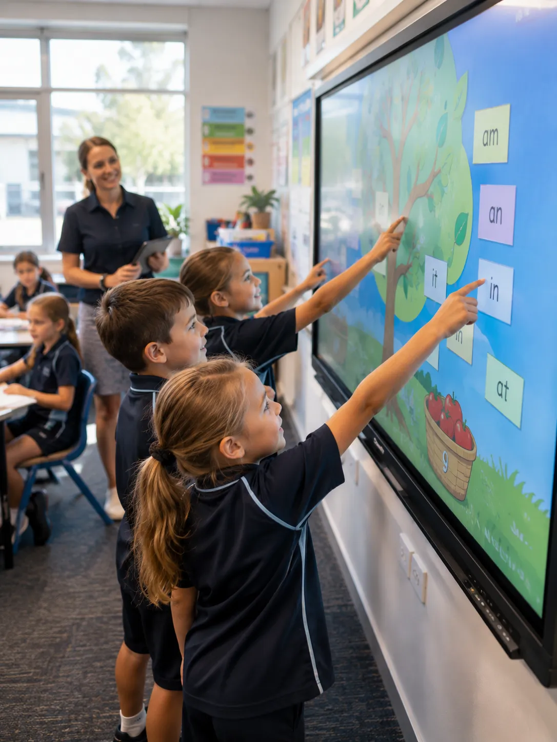 Primary school students collaborating on a Promethean ActivPanel interactive display during a classroom activity