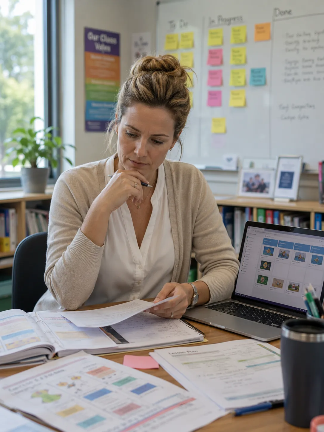 School teacher carefully reviewing lesson content and platform migration considerations before switching interactive display platforms