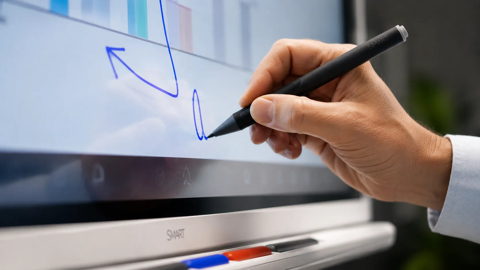 SMART Board stylus writing feel — precision pen annotation on interactive display
