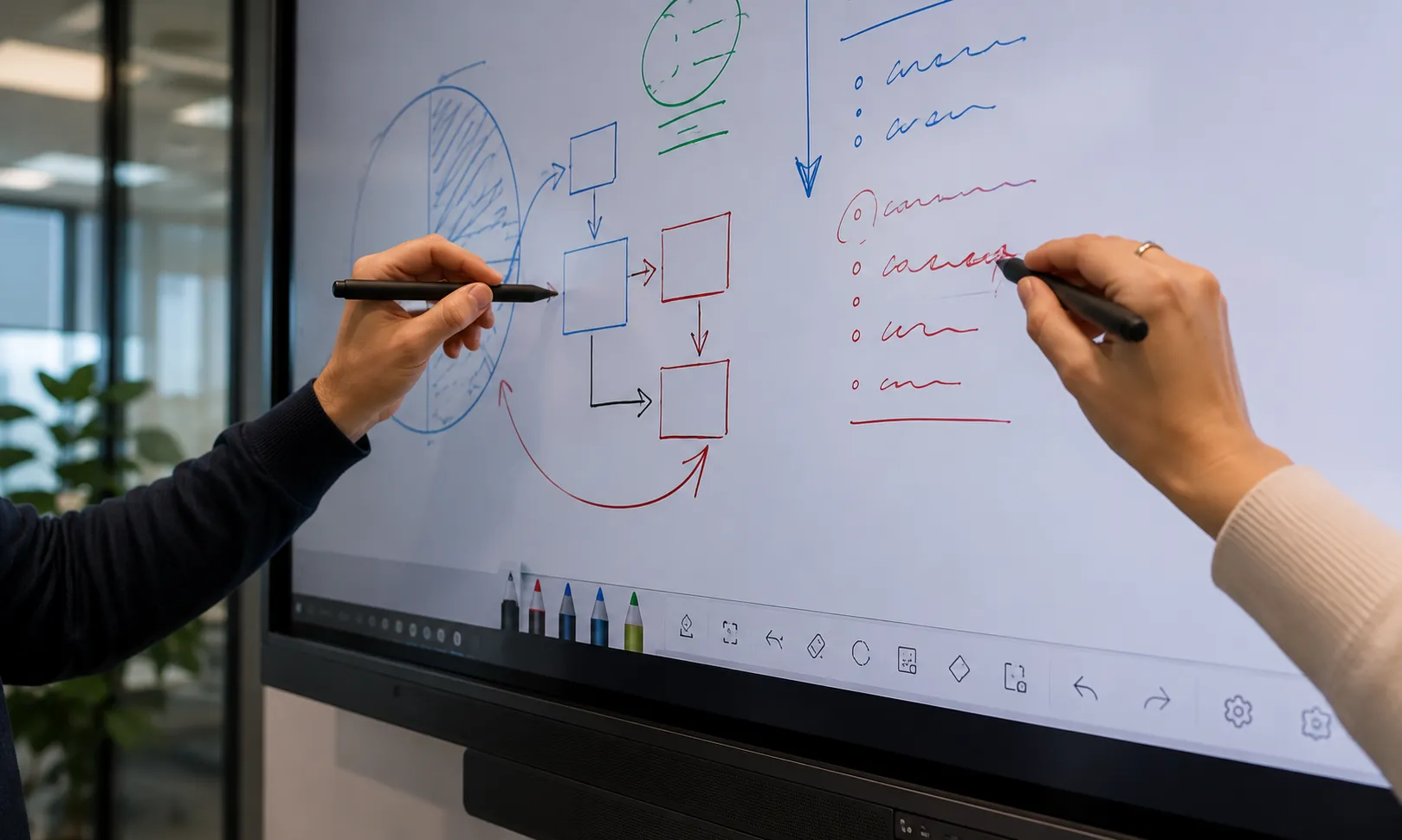 Two people simultaneously writing on a ViewSonic ViewBoard interactive display — 50-point Ultra Fine Touch