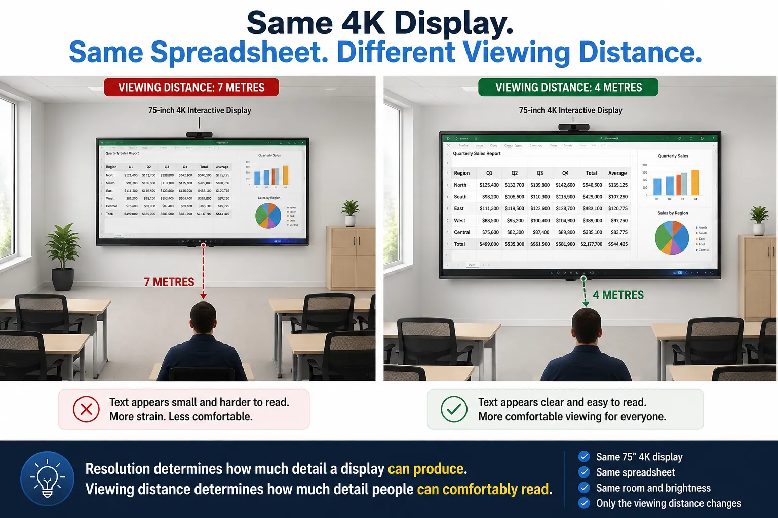 Comparison showing how viewing distance affects readability on the same 4K interactive display