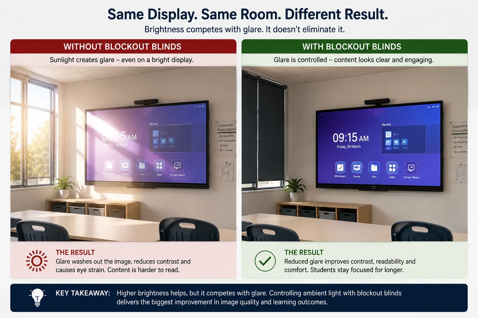 Comparison showing how glare affects interactive display readability and how blockout blinds improve visibility