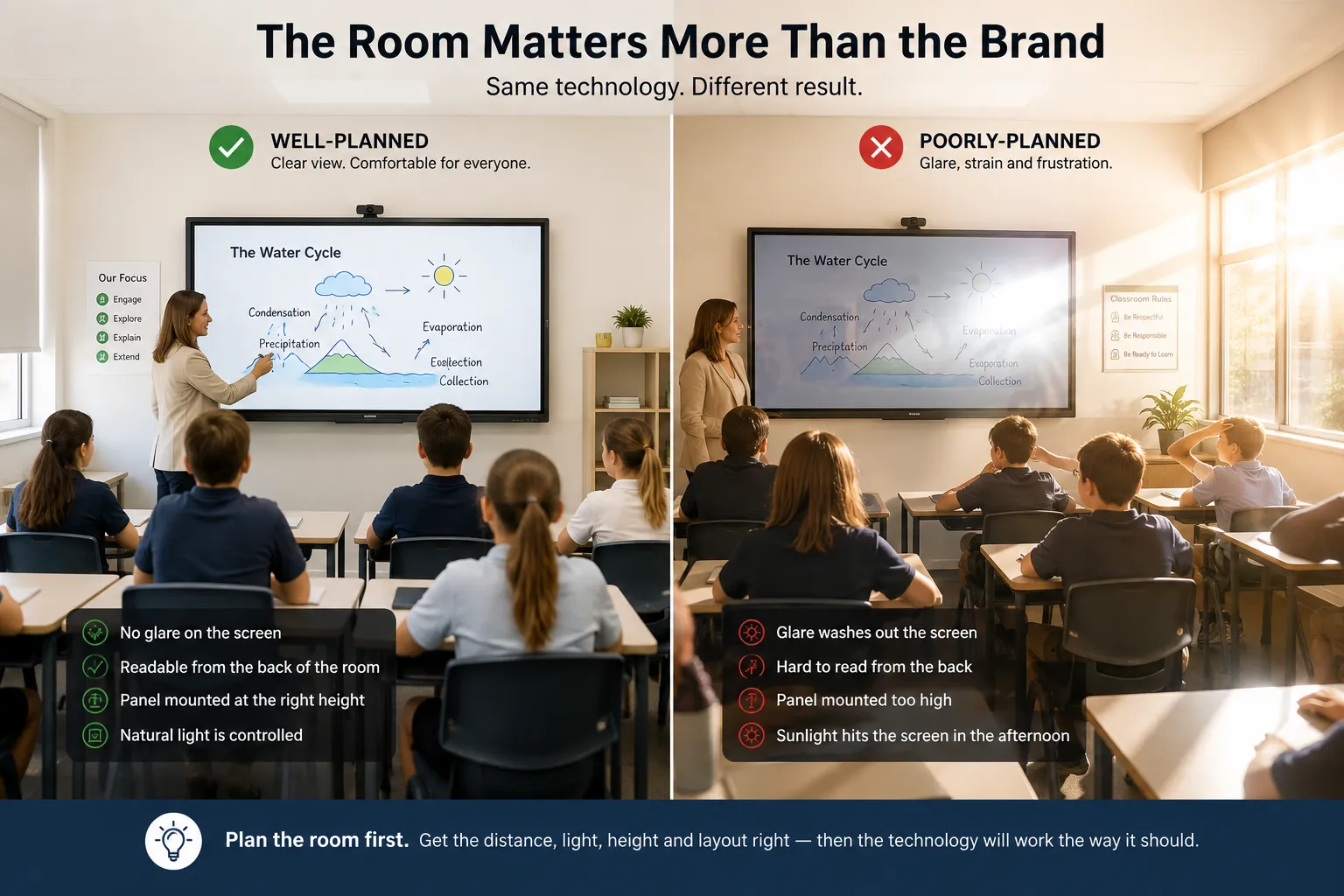 Interactive whiteboard mounted in a classroom with afternoon light entering through a side window