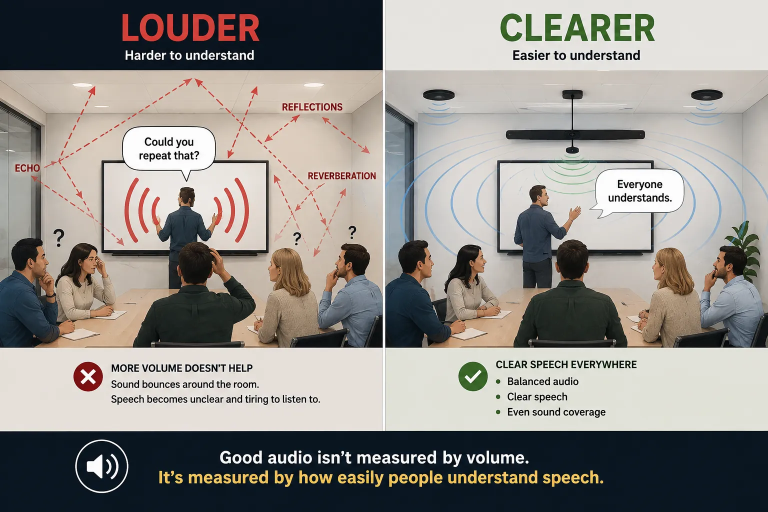 Diagram comparing louder audio with clearer speech using dedicated speakers and improved room acoustics
