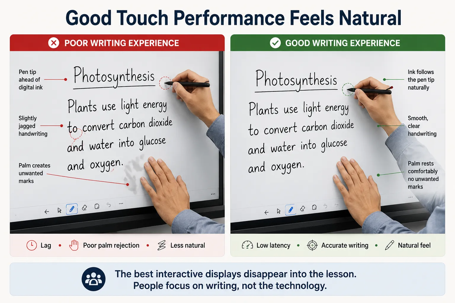 Comparison showing poor and excellent interactive display writing performance including pen latency and palm rejection